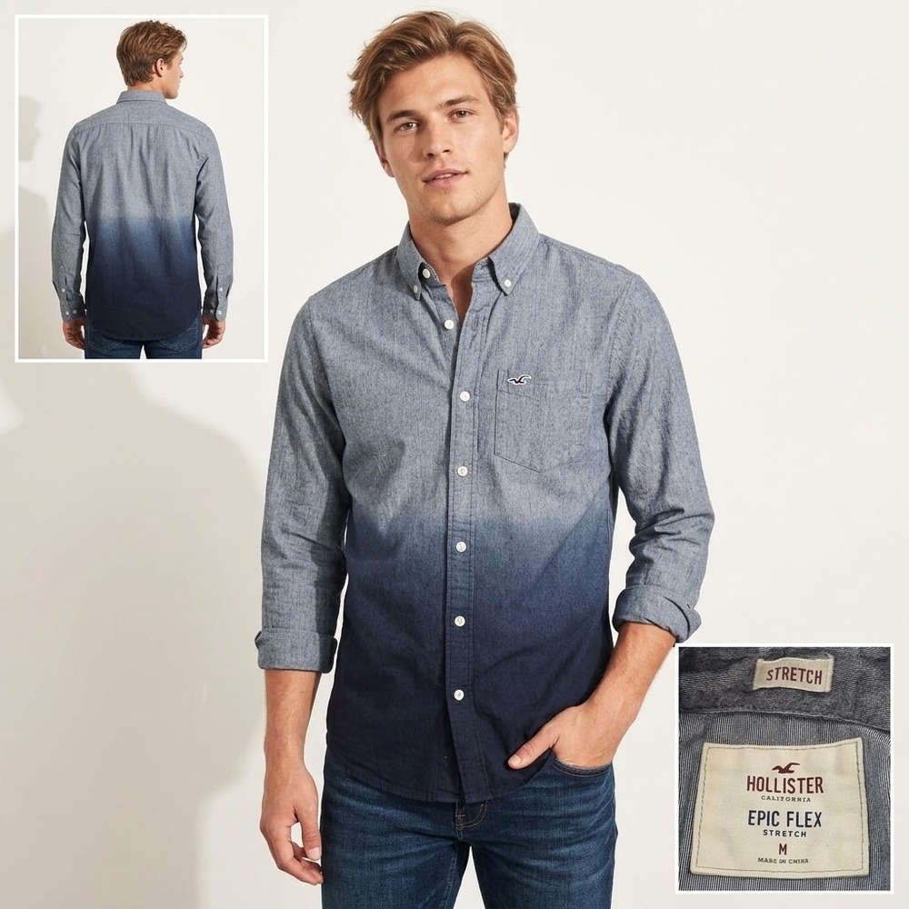 Hollister Button Down Shirt Men Medium Blue Ombre Epic Flex Stretch Long Sleeve